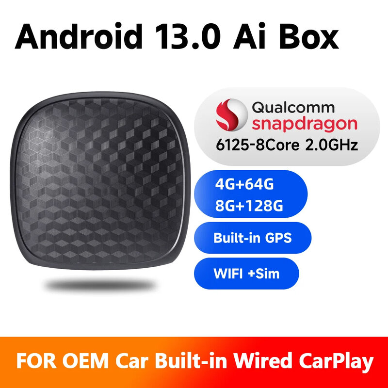 Caixa sem fio Carplay Ai, Android 13, 8 + 128G, Auto QCM6125, CPU 8-Core, 4G LTE, apto para VW, Audi, Kia, Fiat