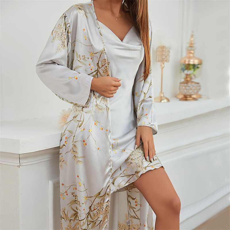 Print Pattern Sleepwear Two Piece Set of Slip Dress and Robe Imitation Silk Home Suit Sexy Pajama Costume for Women in Summer