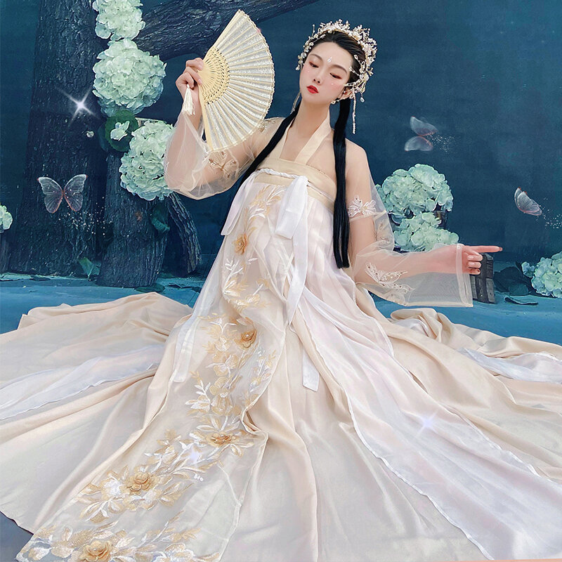 Kostum Cosplay Peri Tiongkok Gaun Putri Dinasti Tang Wanita Gaun Tari Rakyat Kuno Vintage Wanita Pakaian Hanfu untuk Panggung