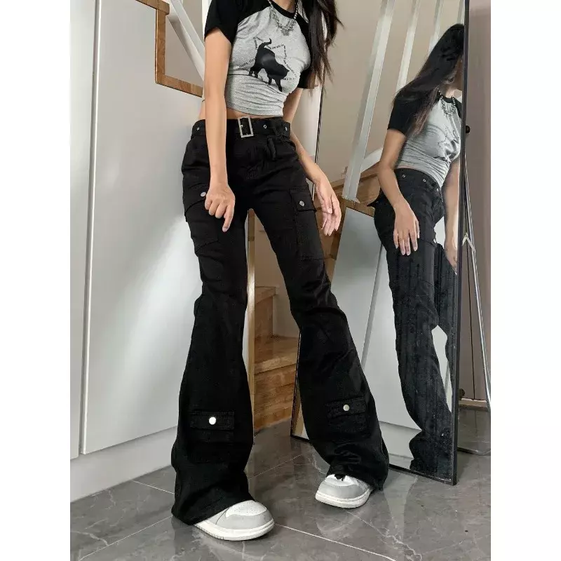 QWEEK Y2k celana Jin kargo pakaian jalanan Wanita celana Denim model Korea Vintage Gyaru Gotik Grunge Denim ketat modis warna hitam