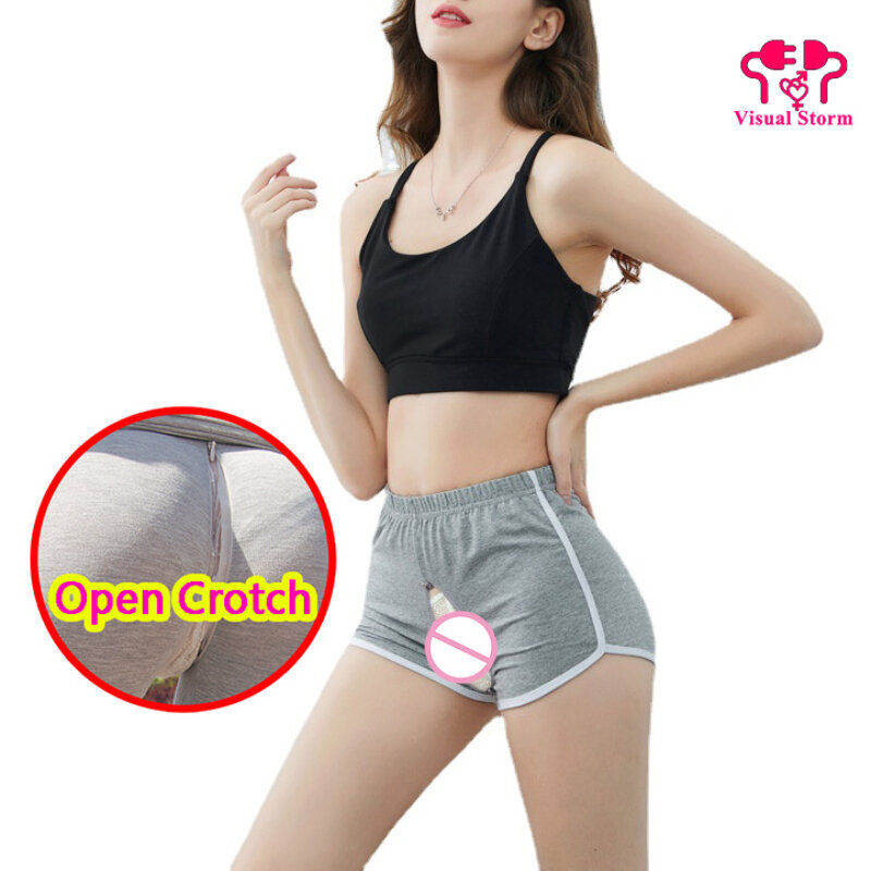 Vrouw Sexy Open Kruis Shorts Broek Sport Gym Leggings Koreaanse Ademende Verborgen Ritsen Mini Hotpants Crotchless Clubkleding