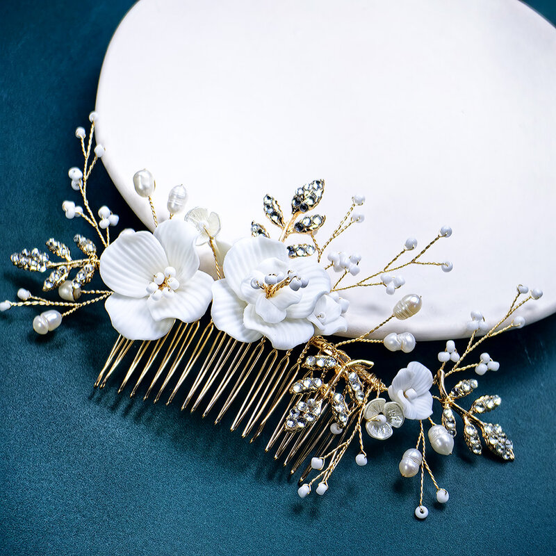 Porcelain Bridal Comb Natural Pearl Wedding Hair  Crystal Wedding  and Bridesmaid Rhinestone Hair Comb (Gold)