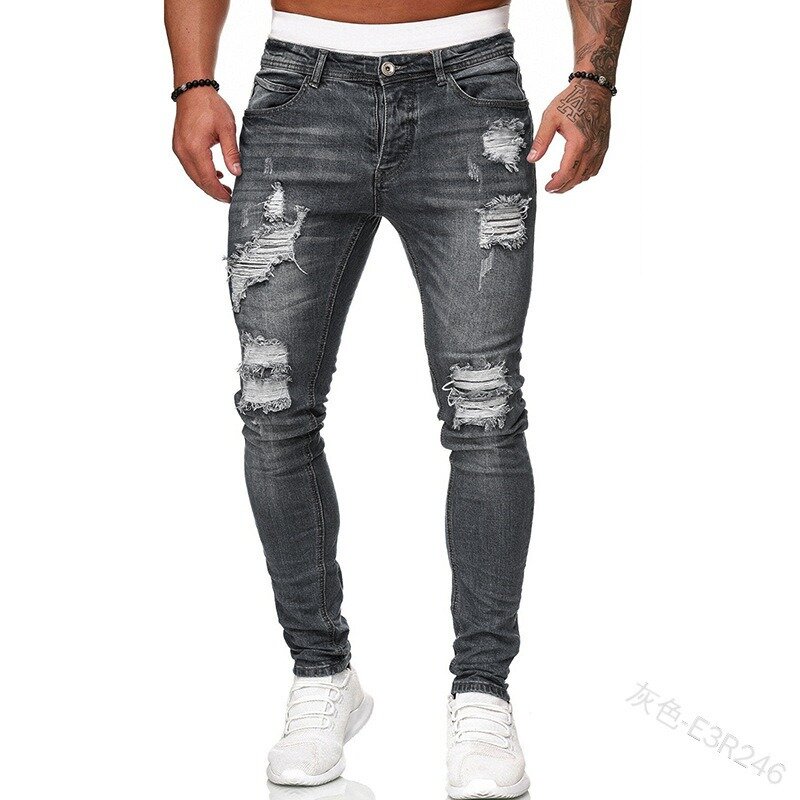 Новинка весна-лето 2024 мужская одежда рваные модные однотонные облегающие джинсовые узкие брюки