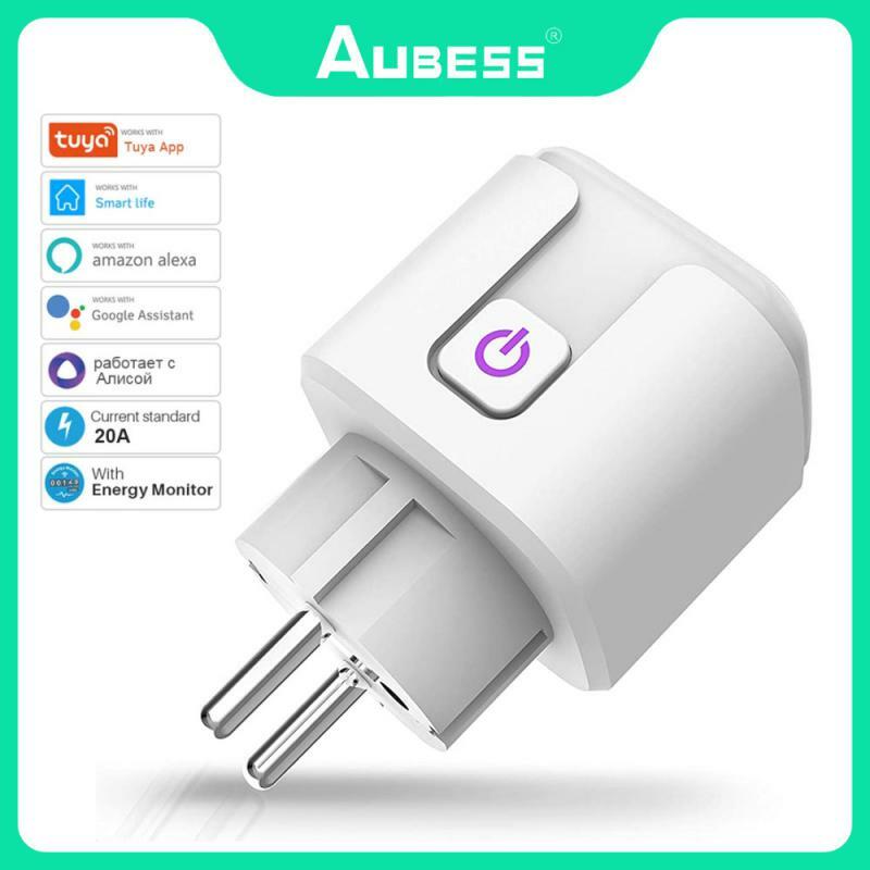 AUBESS-enchufe inteligente con WiFi, Monitor de potencia de la UE, función de sincronización, enchufe de casa inteligente Tuya para Alexa, Google Home, Yandex, 16/20A
