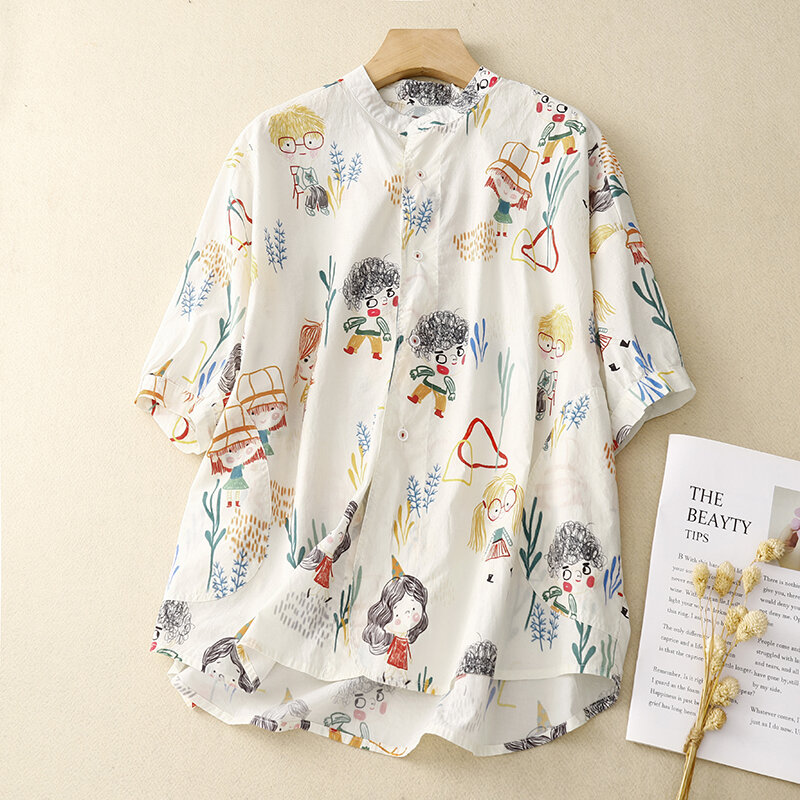 Japanese Cotton Fashion Cartoon Summer Women Thin Short Sleeve Shirt Ladies Casual Loose Print Tops Blouse 2024 New X1101