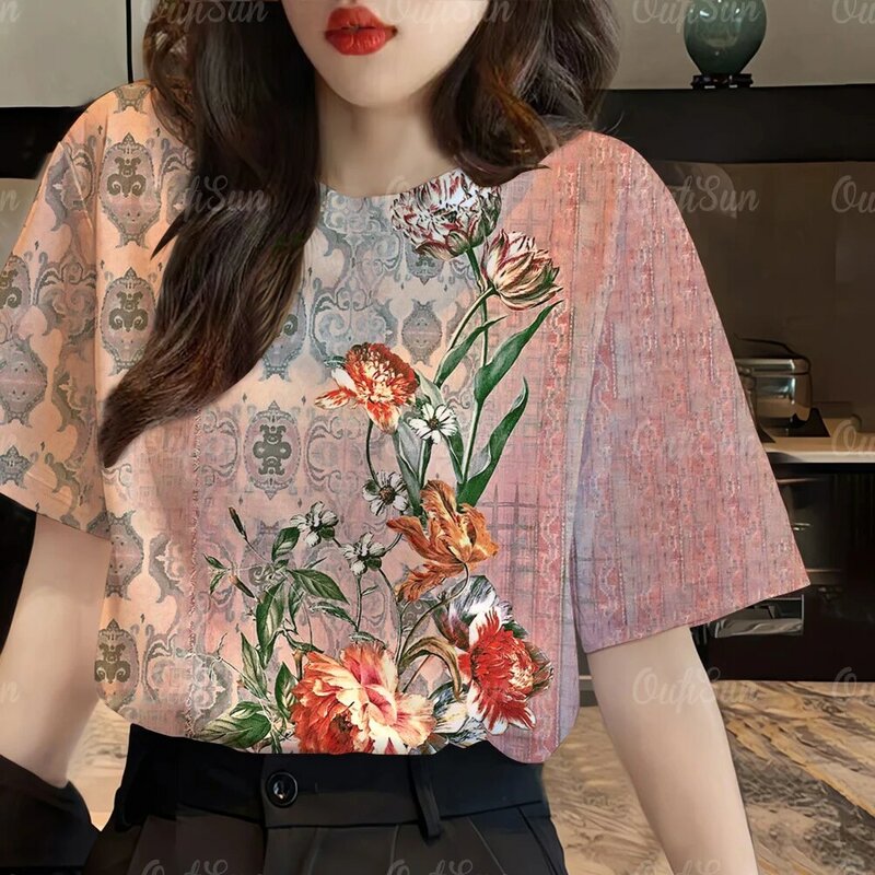 Camisetas con estampado de flores en 3D para mujer, blusas barrocas informales de manga corta con cuello redondo, ropa holgada a la moda para primavera y verano