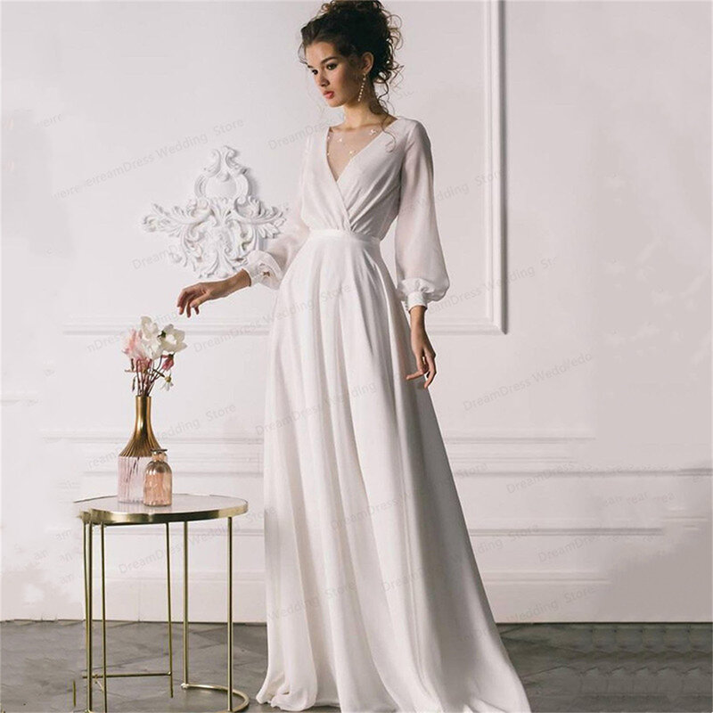 بسيطة طويلة الأكمام الشيفون فستان الزفاف 2023 الخامس الرقبة الطابق طول للعروس رداء دي ماريه مخصص Behomia сваденой