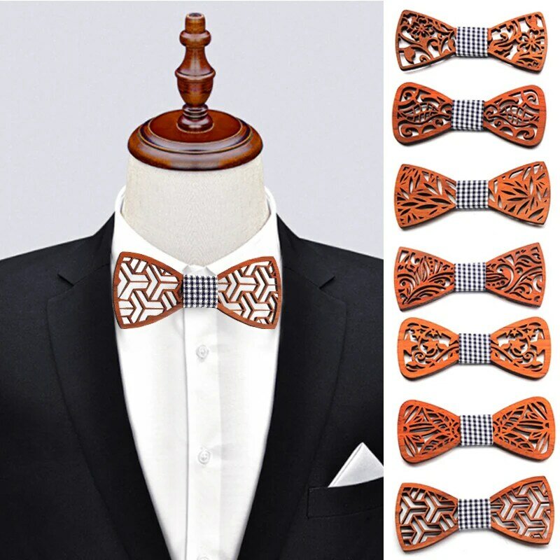 Moda muszka drewniana dla mężczyzn Unisex wydrążone rzeźbione Retro drewniane krawaty regulowany pasek Vintage Bowtie Bowknots wąski krawat