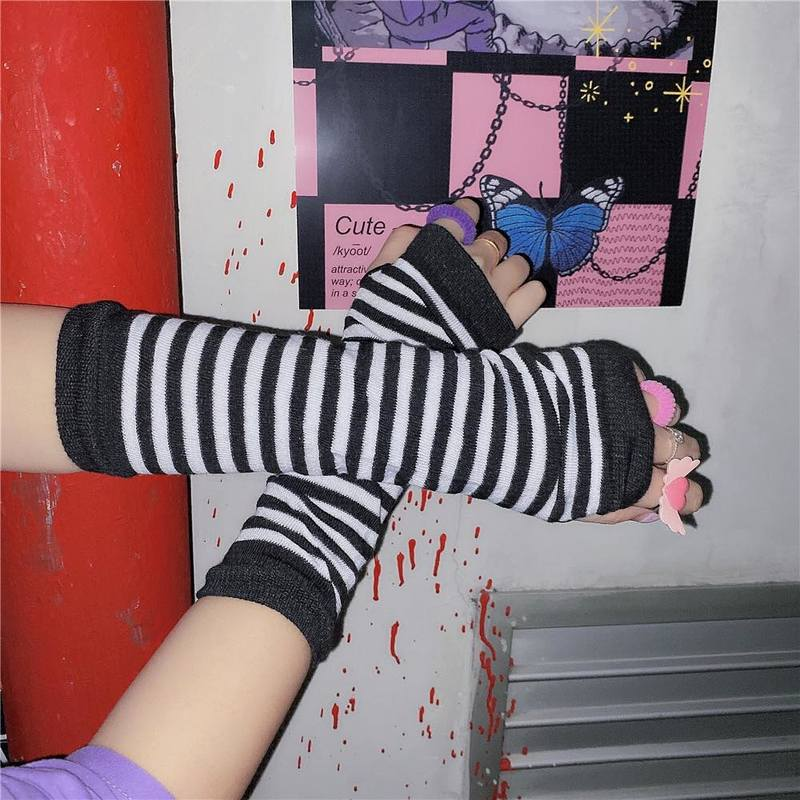 Перчатки без пальцев Lolita в стиле панк с длинными рукавами, манжеты для женщин и мужчин, полосатые вязаные рукавицы в стиле хип-хоп, эластичные зимние теплые рукавицы