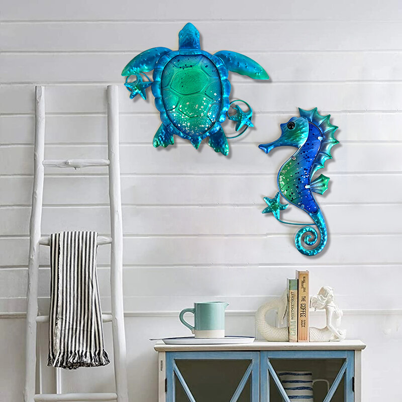 Metal Blue Turtle Seahorse with Glass Wall Art for Home Decorative Ocean Theme Sculpture Statue of Living Room Bathroom Pool