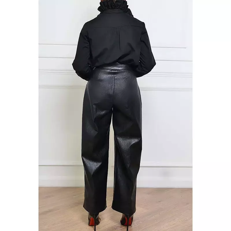 Pantalones de talla grande para uso diario, pantalón largo plisado de cuero PU con bolsillo, informal, negro, Otoño e Invierno