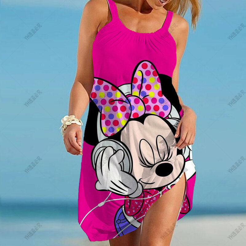 Disney Mickey Mouse Print Dress Women Fashion Bohemian Strap Dresses Party Evening Sexy Beach Dress Midi Casual Sundress Loose