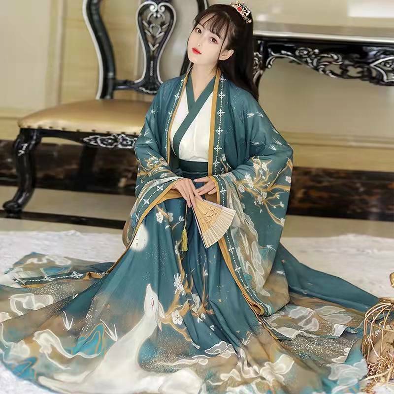 Saia estilo wei jin hanfu feminina, roupa antiga diária, decote cruzado, comprimento da cintura, estilo chinês, primavera e outono