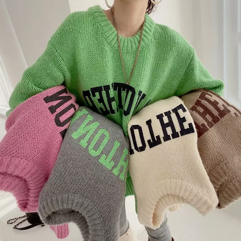 Koreańska moda jesienna i zimowa sweter z cekinami w cukierkowych kolorach swetry dla kobiet luźna nadwymiarowy sweter dzianinowe swetry z dekoltem
