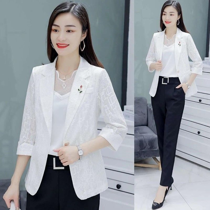 Women's Jacket Korean 2024 Spring Summer New Splicing Lace printing Small Suit Jackets Female Elegant Professional Suit B11