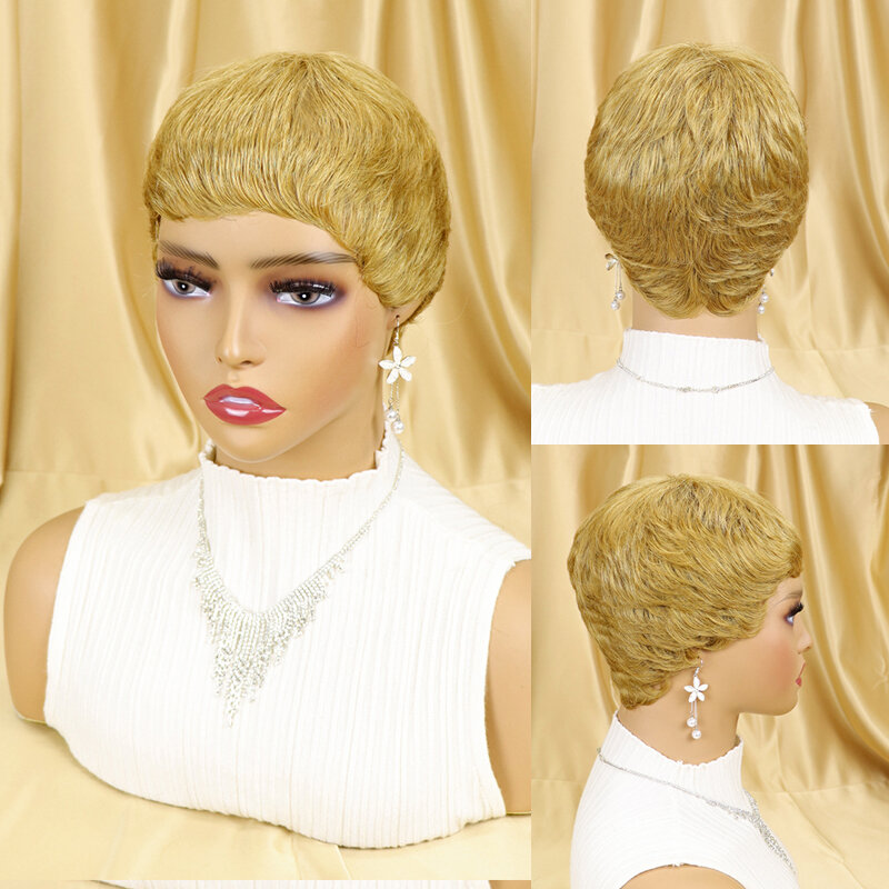 Wig Rambut Manusia Lurus Pendek Peluca Rambut Brasil Potong Pixie untuk Wanita Kulit Hitam Wig Peru Murah Buatan Mesin dengan Bang Perruque