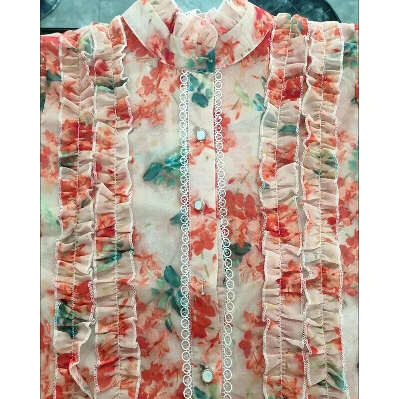 Blusa de gasa con estampado Floral para mujer, camisa elegante con volantes, cuello redondo, manga farol, estilo francés, Z252