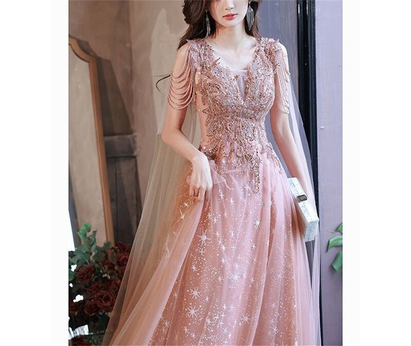 Gaun Prom Putri Payet Glitter Gaun Malam Pesta Buatan Khusus Segaris Mutiara Sampanye Ringan dengan Pita Gaun Koktail Formal