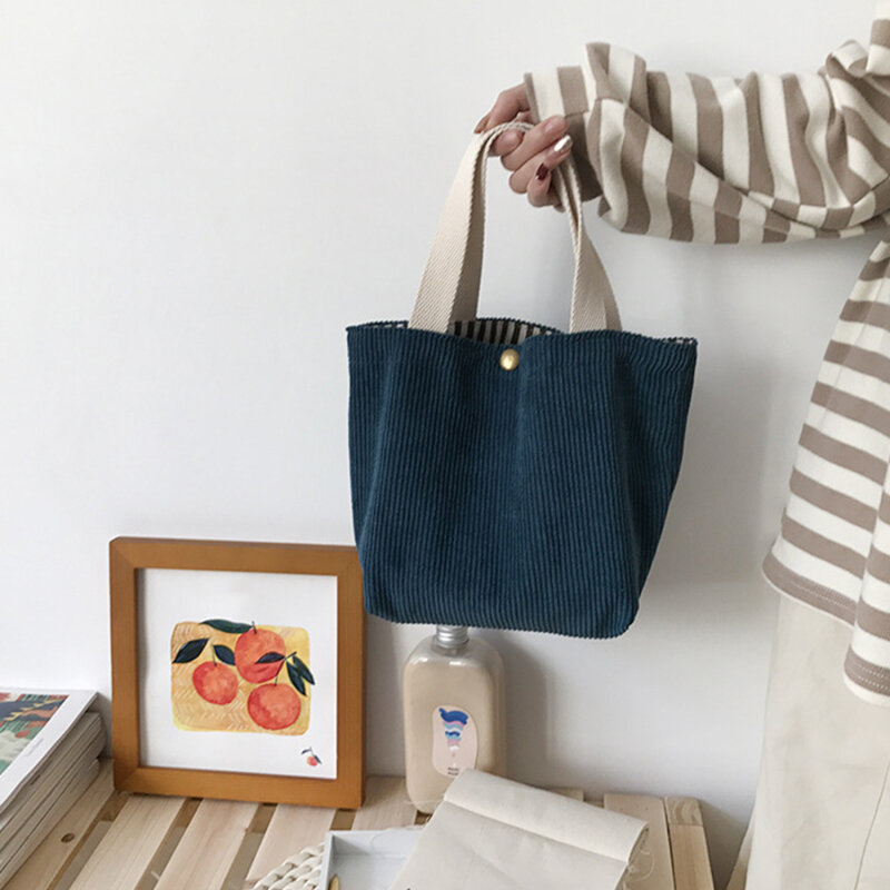 Lunch Bag For Women Portable Small Corduroy Tote Bags Mini Female Students Bento Picnic Food Bag Travel Handbags 2024 New