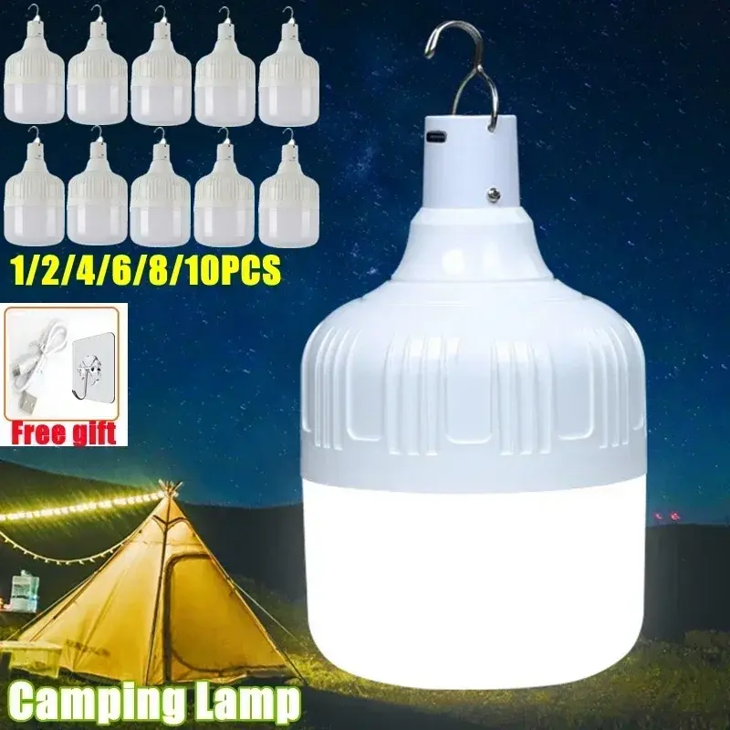 USB recarregável LED lâmpada de emergência, lanternas portáteis ao ar livre com gancho, Camping Light, BBQ tendas, bateria bulbo, 1 Pc, 2 Pcs, 4 Pcs, 6 Pcs, 8 Pcs, 10Pcs