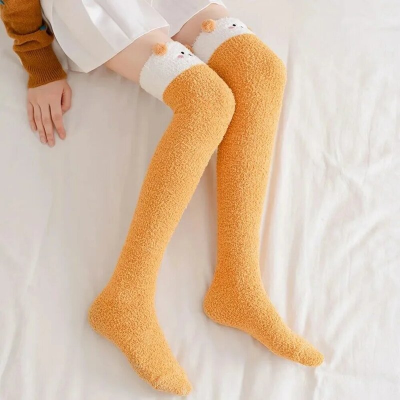 Calzini al ginocchio in morbido pile corallo inverno caldo ragazze donne simpatico cartone animato calze animali a righe accoglienti calze lunghe alla coscia