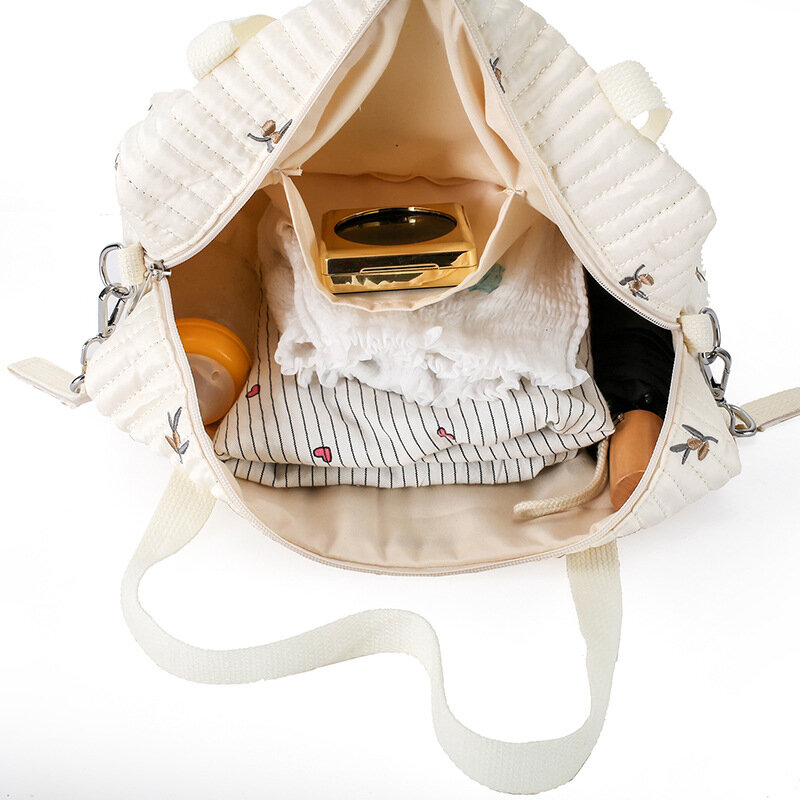 Bolsa de pañales acolchada con bordado de cremallera para bebé, organizador de maternidad para cochecito, bolso de un solo hombro para mamá, bolsa de viaje de salida grande