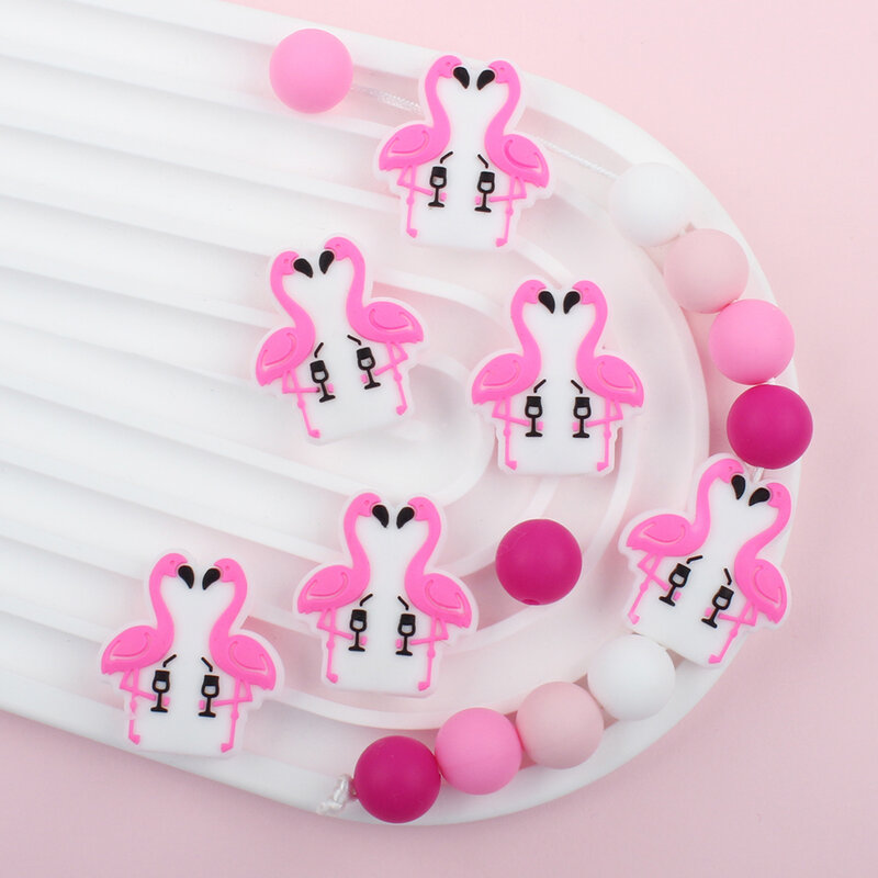 Perles en silicone pour porte-tétine, motif flamants roses, jouets de dentition à mâcher, sans BPA, 5/10 pièces
