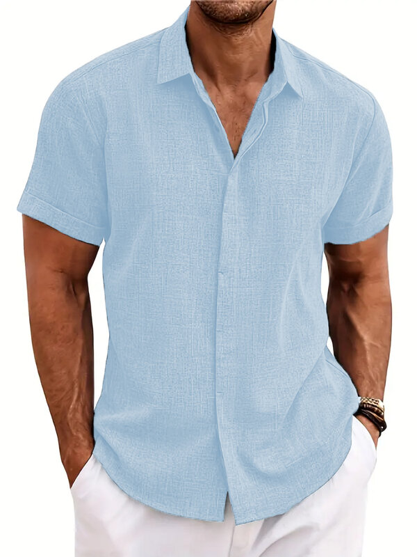 Camisa de manga corta para hombre, camisa informal de color sólido con solapa y hebilla oculta, estilo playero, a la moda, 2024