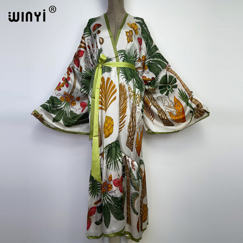 WINYI-Vestido de quimono feminino com cinto automático, encobrimentos de biquíni, impressão de moda retrô, roupas de verão, moda praia, roupa de banho