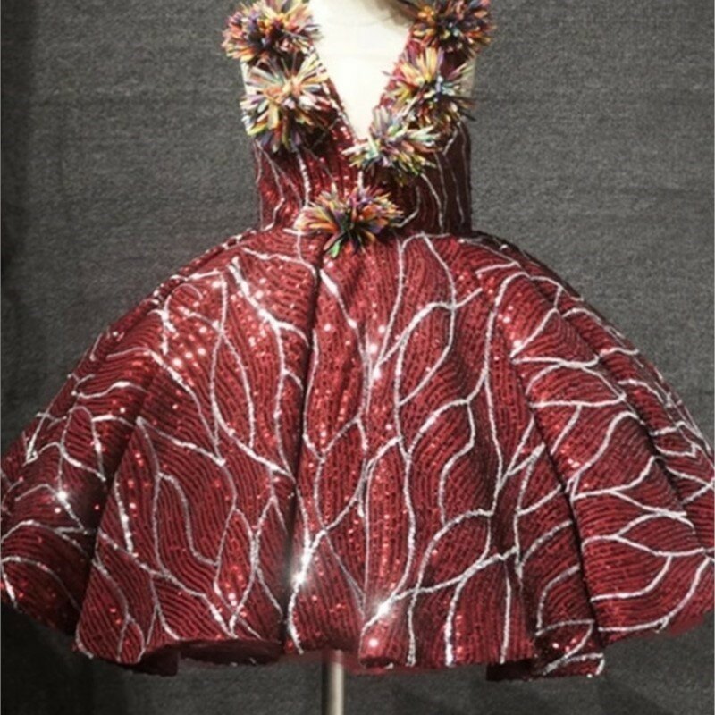 Sukienka dziecięca wino czerwone krótkie dla dziewcząt stroje pokaz mody gospodarza bankietowego