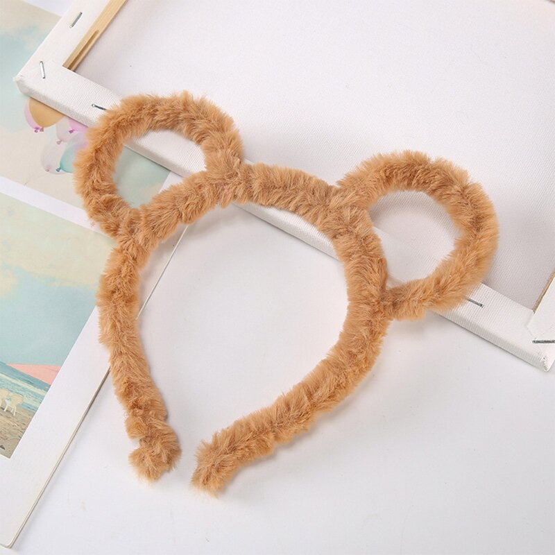 652F Korean Women Winter Thick Plush Headband Cute Round Mouse Bear Ears Hair Hoop Candy Color Makeup Metal Bandana Birthday