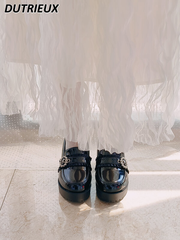 Sepatu kulit paten hak tinggi Platform tahan air Platform bawah tebal wanita sepatu kulit paten renda berlian imitasi Sweet Mine Jepang
