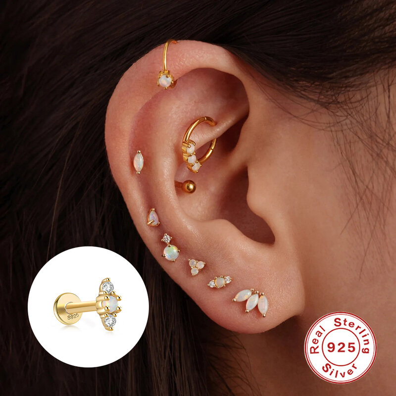 LENNIK-pendientes de Plata de ley 925 para mujer, aretes de tuerca con perla de ópalo coreano, circonita, joyería para Piercing de hueso de oreja
