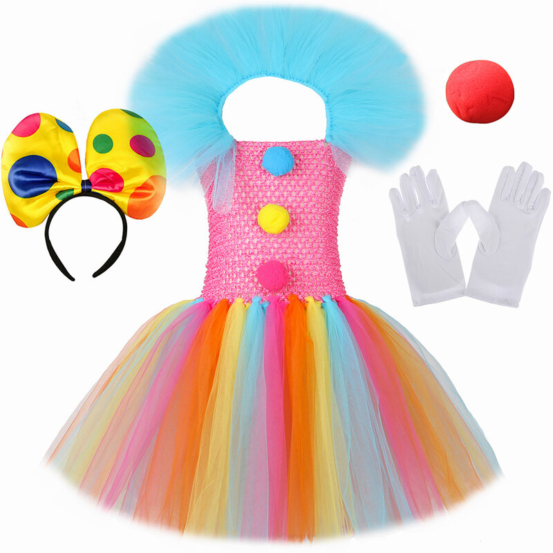 Kostum badut pelangi sirkus untuk anak perempuan, Gaun Tutu Cosplay Joker lucu pesta karnaval Natal Halloween