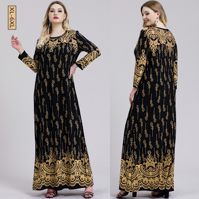eDressU 2022 Women Abaya Long Dress Plus Size Print Arabic Muslim Robe High Quality Long Sleeves Black Gold Dress SJ-20261