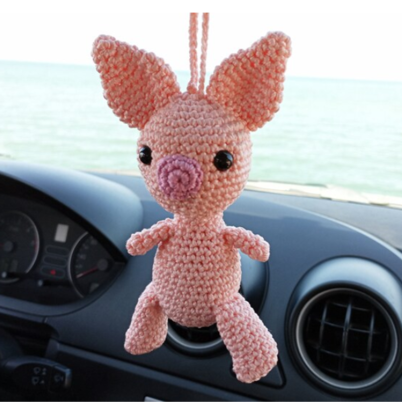 Funny Dancing Pig Crochet Car Mirror, Hanging Accessories for Women Teens Interior Rear View Mirror, Animal Charm Decor