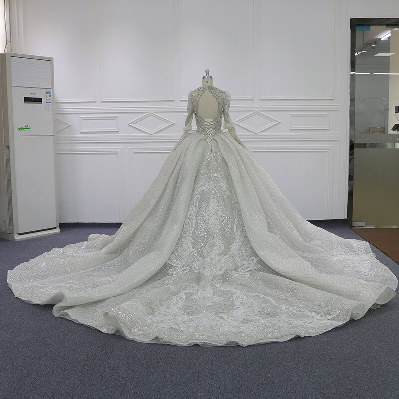 Vestido de novia de cristal real con velo de novia, traje de lujo de alta calidad con manga larga, 343