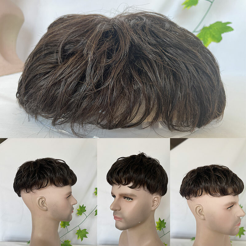 Rambut Palsu Hitam Pendek Pria Rambut Manusia Renda Swiss dengan Rambut Palsu PU Sistem Pengganti Wig Pria 4 # Warna Rambut Palsu