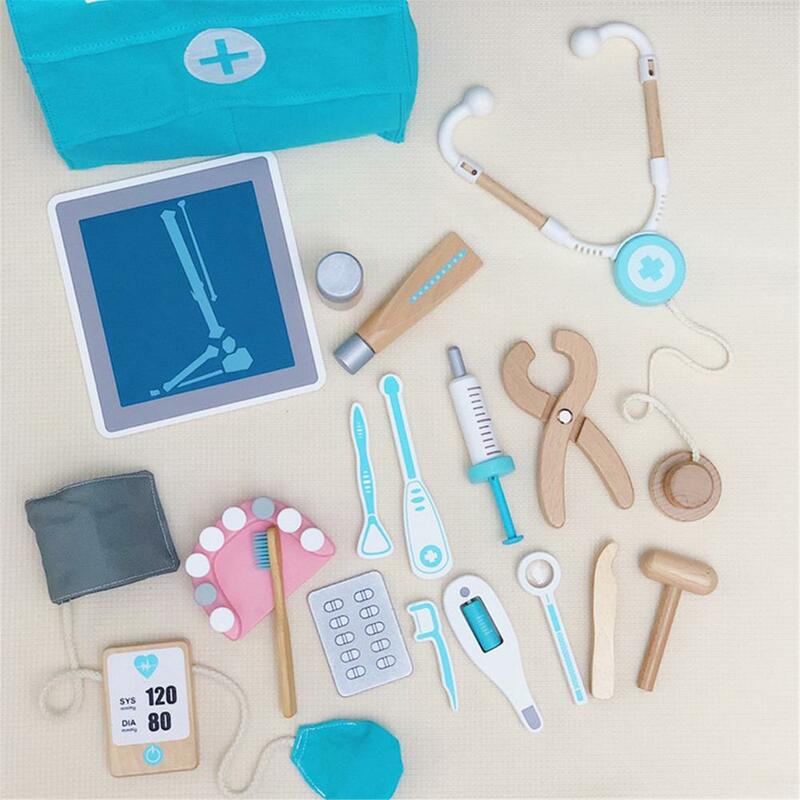17Pcs Set Children Wooden Doctor Case Role Play Pretend Toy Set With Stethoscope Otoscope And Dental Mirror Toy Kids Gifts