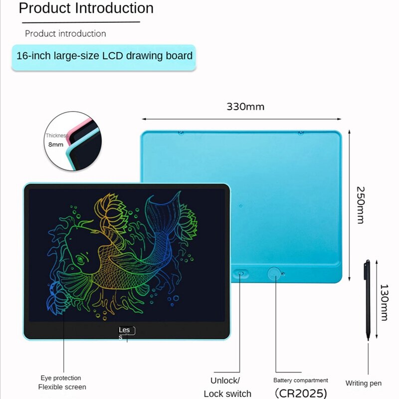 Tablet tulis LCD 16 inci warna, papan gambar elektronik papan tulisan tangan Digital warna-warni