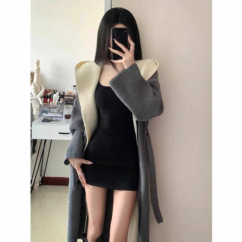 2023 New Korean Design Hooded Tassel Knit Cardigan Fake Two Women Autumn Winter Long Loose Sweater Cardigan Coat Lady Outwear
