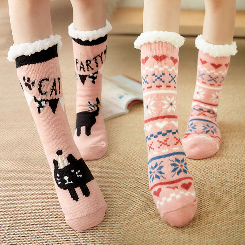 Winter Warm Socks Women Plush Soft Female Non Grip Floor Slippers Short Sock Fuzzy Fluffy Deer Elk Cat Pattern Christmas Gift