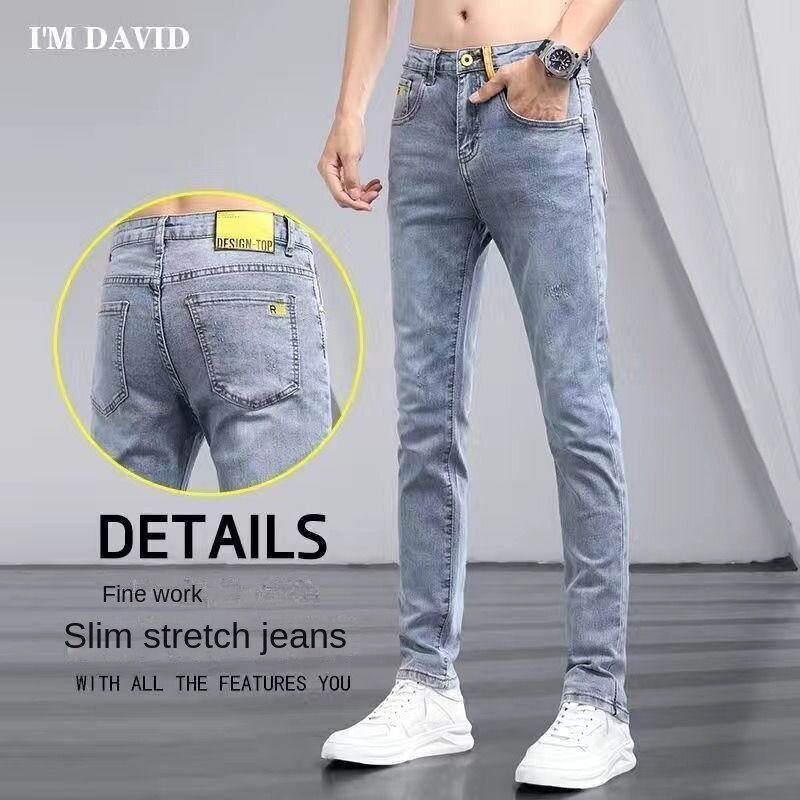 Jeans kurus pas badan untuk pria, celana Jin koboi Hip Hop elastis, lubang robek pas badan gaya Korea untuk pria
