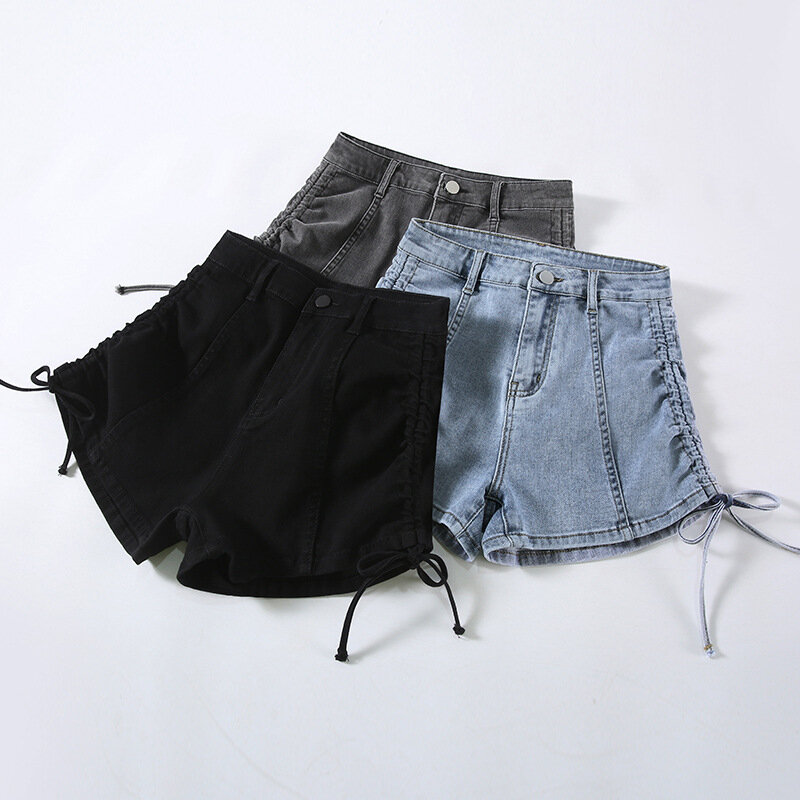 Fashion Lace-Up Denim Shorts Women's Casual High Waist Drawstring Woman Shorts Summer Simple Solid A-Line Pants Ladies 2023 New