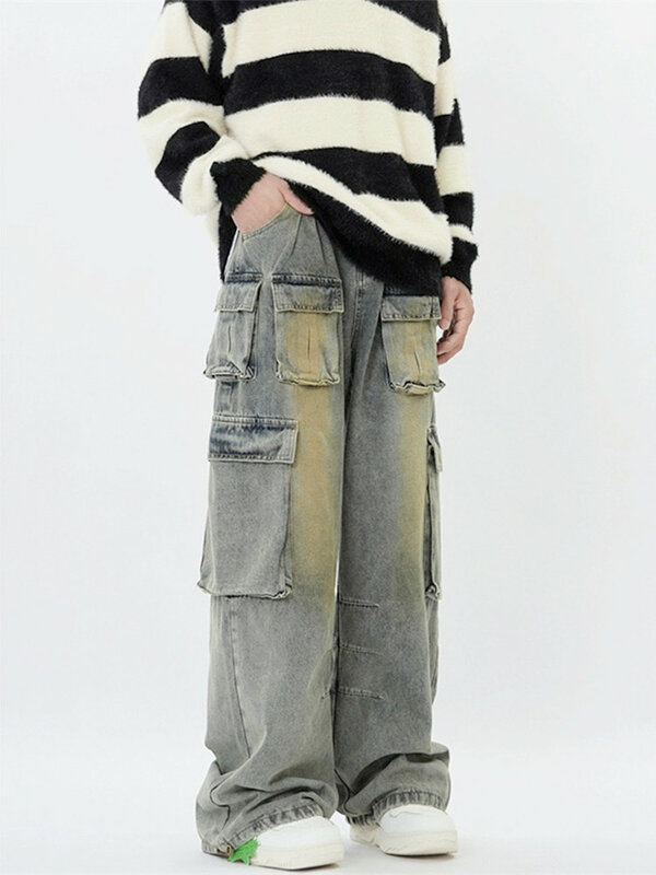 Cyber-Jeans cargo baggy multi-poches pour hommes et femmes, pantalons en denim plissé, jambe large droite, vêtements pour hommes, streetwear Y2K, 2024