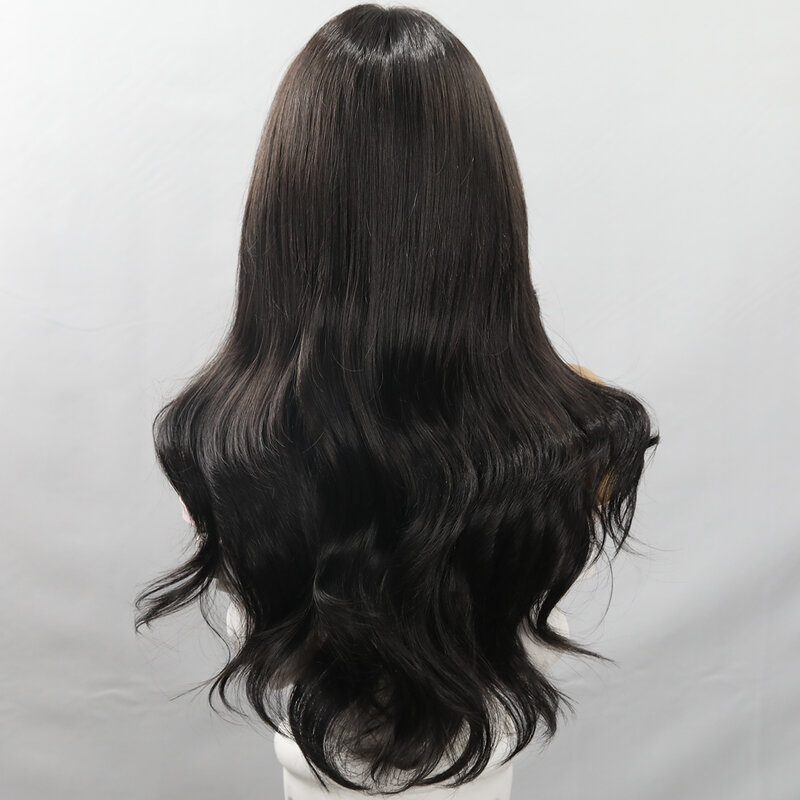 Peruca longa de cabelo encaracolado para mulheres, renda artesanal, divisão média, cabeça cheia, redução de idade, ondas pretas naturais, glamouroso