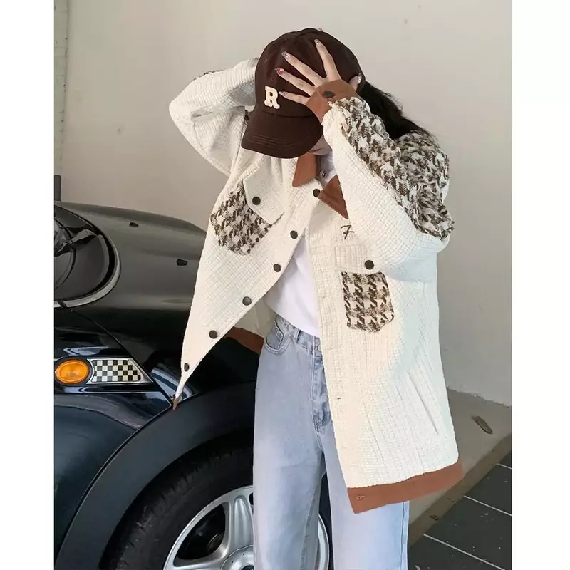 Versione coreana Color Blocking Design Sense Thousand Bird Check Coat donna autunno nuovo colletto Polo Retro Student Jacket Top