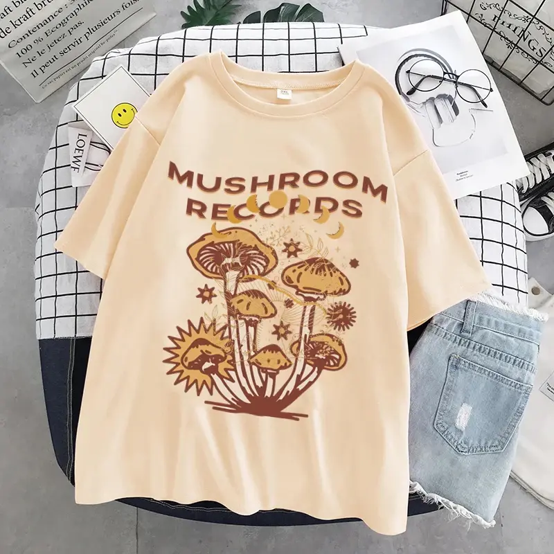 코튼 레트로 살구색 버섯 티셔츠, O-넥 캐주얼 여성 티셔츠, 2022 버섯 레트로 패션 스트리트웨어 의류, 귀여운 여름