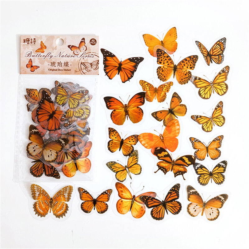 40 buah/tas stiker dekorasi hewan peliharaan tanaman kupu-kupu warna-warni mainan bahan buku tempel buku harian stiker alat tulis Album dekorasi tanaman