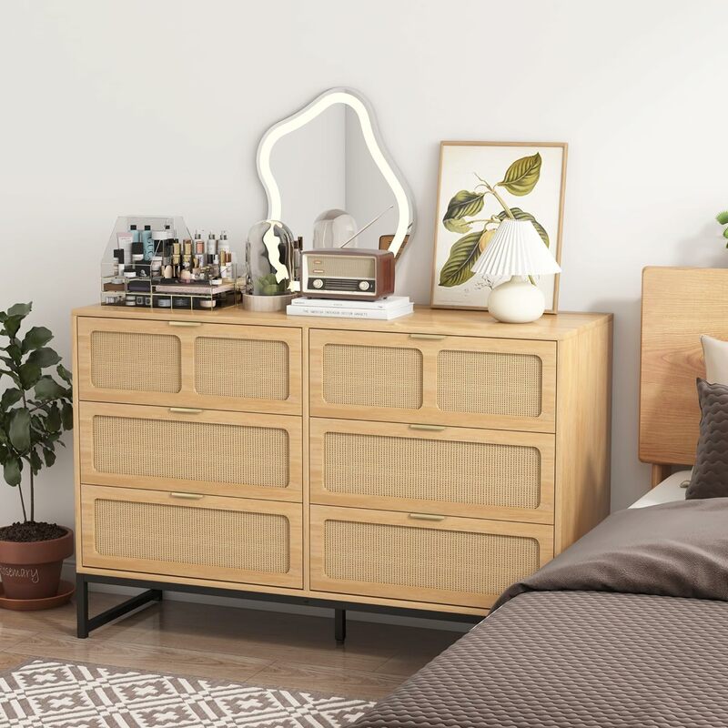 6 Drawer Rattan Dresser Modern Dresser with Rattan Drawers Farmhouse Wood Storage Chest of Drawers for Bedroom, Living Room